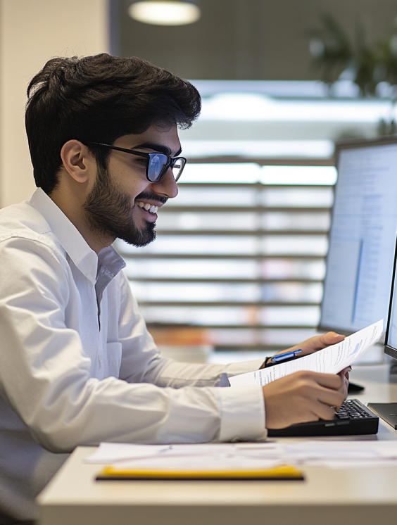 Bhavesh working on a computer holding a piece of paper