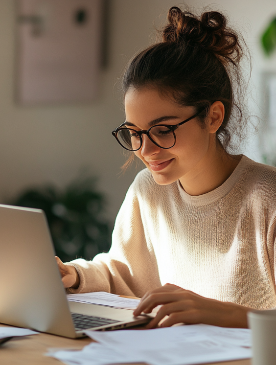 Woman sat at computer smiling