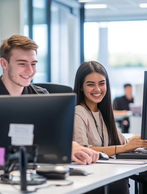 Two people both smiling working at desks on a computer
