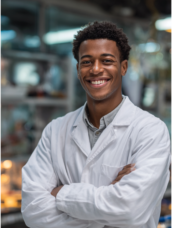 Man smiling in science lab with a white lab jacket on.